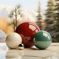 3D render of Christmas balls in window with snowcapped mountains in the back