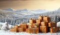 3d render of christmas gift boxes in snow with mountain background. Royalty Free Stock Photo