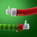 3d render, Christmas hand like gestures, thumb up clip art isolated on green background, Santa Claus and elf cartoon characters. Royalty Free Stock Photo