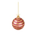 3D render Christmas toy. Top view. Red and gold stripped Christmas ball on a golden ribbon. Festive decoration of Royalty Free Stock Photo