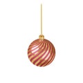 3D render Christmas toy. Top view. Red and gold stripped Christmas ball on a golden ribbon. Festive decoration of Royalty Free Stock Photo