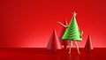 3d render, Christmas tree cartoon character with golden legs, green cone, isolated on red background. Festive wallpaper