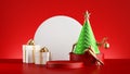 3d render, Christmas tree character. Green cone with golden model legs isolated on red background. Round frame and empty podium