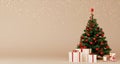 3d render of Christmas tree with red balls, white gift boxes, candles and gold stars on beige background. Royalty Free Stock Photo