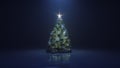 3d render Christmas tree with a shining star and a garland in the dark with falling snow