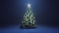 3d render Christmas tree with a shining star and a garland in the dark with falling snow