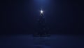 3d render Christmas tree with a shining star and a garland in the dark with falling snow