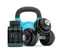 3d render of CLA supplement with kettlebell and dumbbells