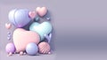 3D Render, Clay Modeling of Glossy Heart Shape Balloons And Abstract