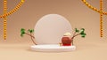 3D Render Clay Pot Full Of Pongal Dish With Lit Oil Lamp Over Podium, Empty Circular Frame, Sugarcanes And Marigold Garland