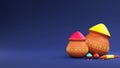 3D Render Clay Pots Full Of Color Powder Gulal With Water Gun Pichkari On Blue Background And Copy