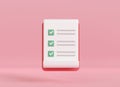 3d render clipboard with checklist on pink background. note paper management check icon. Business time document marking task. Royalty Free Stock Photo