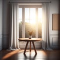 3D render close up of an empty teak wood round table inside the room with linen curtain in background, beautiful morning sunlight.