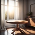 3D render close up of an empty teak wood round table inside the room with linen curtain in background, beautiful morning sunlight.