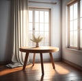 3D render close up of an empty teak wood round table inside the room with linen curtain in background, beautiful morning sunlight.