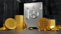 closed metallic safe box with golden bitcoin on dark background