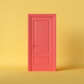 3d render, closed red classic door isolated on bright yellow background. Minimal room interior concept. Modern design, Royalty Free Stock Photo