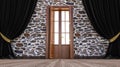 closed wooden door with black curtains Royalty Free Stock Photo