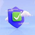 3d render Cloud computing and storage security concept: glossy cloud icon protection shield isolated on blue background