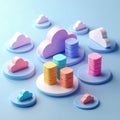 3D render of cloud ecosystem with stacked data servers. Features pastel pink, blue, yellow, orange, purple abstract shapes. Royalty Free Stock Photo