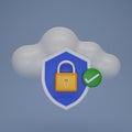 3D render Cloud storage with Shield and padlock isolate on blue background. Security shield symbols. Security shields logotypes