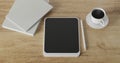 3d render coffee cup, blank book and tablet pencil on wood table. minimal workspace. wall concept template. hot coffee in mug.