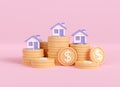 3d render coin stack and home. save money for buy house. Real estate loans and mortgages. 3d rendering illustrator minimal