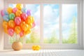 3d render of colorful balloons in the room with window view. 3d rendering of colorful balloons in a room with a window in the