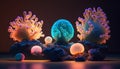 3d render of colorful corals on dark background. Underwater world.