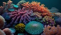 3d render of colorful corals in water. Underwater world.