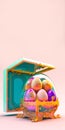 3D Render of Colorful Floral Eggs Inside Glassware, Open Box On Pastel Pink Background And Copy Space. Easter Royalty Free Stock Photo
