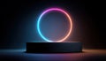 3d render, a colorful glowing light ring on a black background, an empty podium for product presentation in a studio. a mockup Royalty Free Stock Photo
