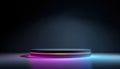 3d render, a colorful glowing light ring on a black background, an empty podium for product presentation in a studio. a mockup Royalty Free Stock Photo