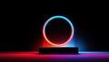 3d render of a colorful, glowing ring on a black background, with an empty podium for product presentation. the podium has a soft Royalty Free Stock Photo
