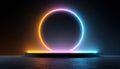3d render of a colorful, glowing ring on a black background, with an empty podium for product presentation. this is a mockup Royalty Free Stock Photo