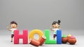 3D Render Colorful Holi Text With Dhol Instrument, Color Powder Gulal In Clay Pots And Cartoon Kids Playing Colors On Gray