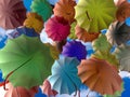 Colorful umbrellas rising in the sky Royalty Free Stock Photo