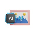 3D render of a computer chip with the letters AI and a framed image of mountains and sun on a white background Royalty Free Stock Photo