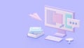 3d render of computer and keyboard in workplace. Isometric LCD monitor with open pages of website in pastel colors Royalty Free Stock Photo