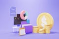 3d render of Computer Monitor screen with graph, coins, document and book note on purple pastel background. Minimal design concept