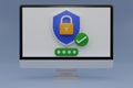 3D render computer monitor with Shield and padlock isolated on blue background. Desktop Security shield symbols. Security shields