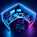 3d render of a computer room with neon lights. Computer room with gaming equipment. AI Generated