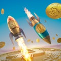 3D render of conceptual bitcoin cryptocurrency on rocket