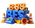 Construction site safety equipment and signage with large blue letters spelling res and orange numbers 888 Royalty Free Stock Photo