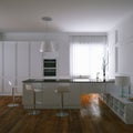 3d render contemporary white kitchen and wooden parquet floor