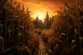 3d render of a corn field at sunset with a castle in the background, Recreation artistic of maizefield with maize plants at sunset Royalty Free Stock Photo