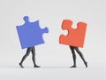 3d render. Couple of abstract puzzle pieces with mannequin legs. Meeting or date metaphor. Social role play. Partners interaction Royalty Free Stock Photo