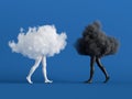 3d render. Couple of abstract white and black clouds with mannequin legs. Social role play. Partners interaction. Minimal surreal Royalty Free Stock Photo