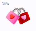 3d render couple of red and pink lock with heart at the center, isolated on white background. 3d vector love icon or Royalty Free Stock Photo