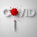 3D render COVID word with `O` like a red virus cell. Pharmacology development, vaccines invention and testing, global vaccination.